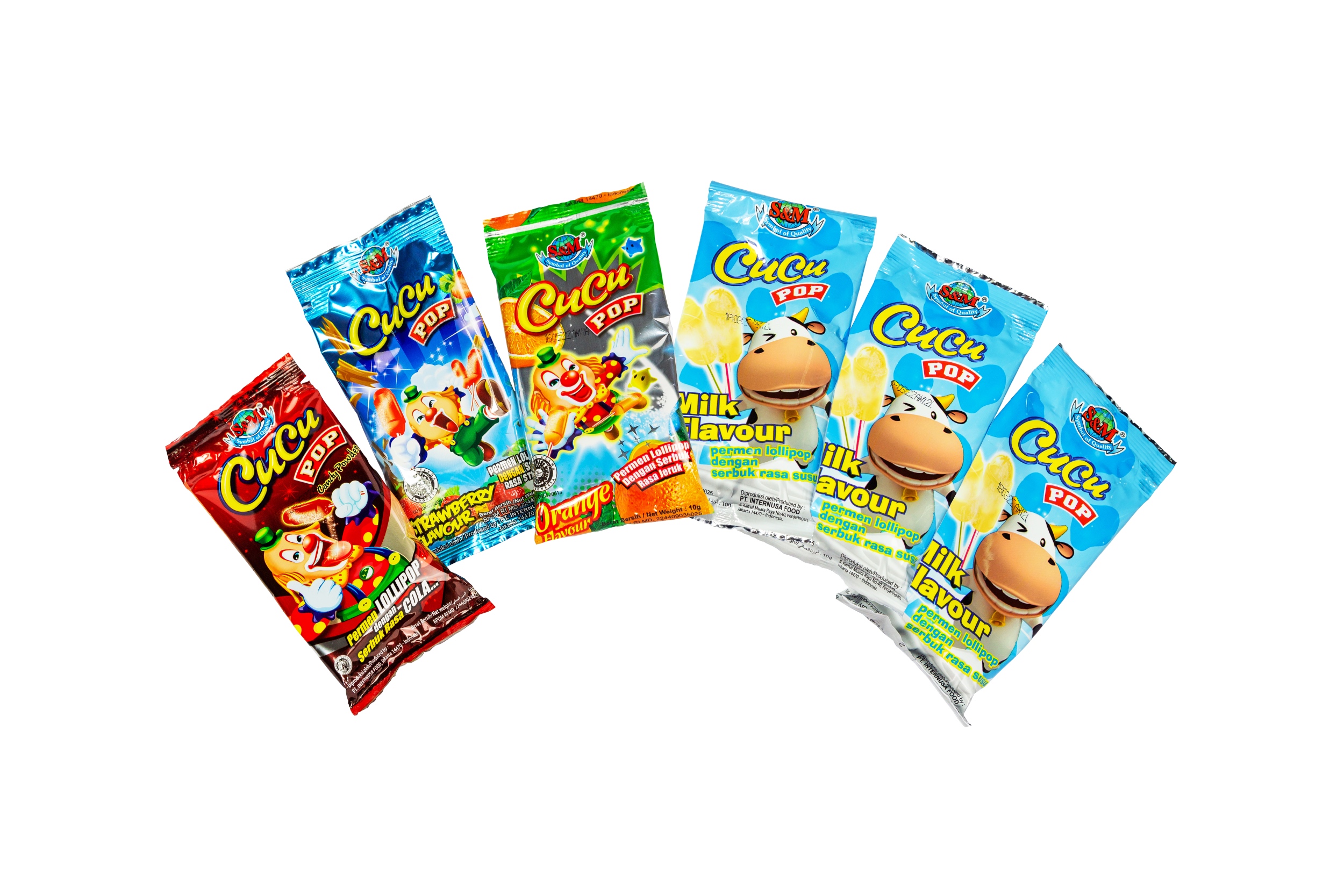 Classic lollipops in dipping powder that come in an assortment of colours and enticing flavours—Strawberry, Orange, Cola and Milk—CUCU POP is great for special events or anytime you need a little boost to brighten up your day. It can be a sweet and tempting addition for your birthday cake decoration, competition prizes, snacks in waiting/meeting rooms, or to be included in party goodies. A tasty candy that will be loved by people of all ages.   Produced since 1997, it is best known for being the only lollipop with dipping powder in Indonesia’s market and thus has become a candy that many crave for! CUCU POP originally comes in fruity flavours but it has been expanded over the years to include the refreshing cola and creamy milk flavour. To prevent them from sticking together, CUCU POP is individually wrapped to ensure long-lasting enjoyment.  Whenever you are craving sweets, just grab a CUCU POP to satisfy your sweet tooth. Designed in fun and festive packaging with a burst of colours and its trademark for a funny clown image, CUCU POP is made for simple joy and pleasure, anytime and anywhere.   CUCUPOP Lollipop is manufactured by PT. Internusa Food, a modern and innovative confectionery and candy manufacturer in Indonesia with longstanding tradition of excellence. Competitively-priced to cater the middle-low market segments, PT. Internusa Food has produced well-known brands loved by the Indonesian customers and overseas markets over the years. The Company’s products have been exported to many countries in Southeast Asia, Asia Pacific, U.S.A, the Middle East and Africa. Its high-quality products follows the ISO 22000:2005 Food Safety Management System and the Indonesian Food and Drug Monitoring Agency (BPOM). All products are also Halal-certified by Indonesian Ulama Council (MUI). CUCU POP Lollipop is available for bulk purchasing with B2B wholesale price.   Package content: 10bags @20pcs @10g