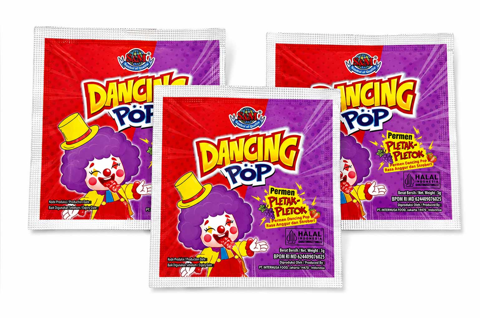 Have a Taste of Popping Fun!   You may remember it as one of the most entertaining candies during your childhood. The popping sensation, the distinctive crackling sound, and the vibration you feel in your eardrum is simply AMAZING and FUNTASTIC! Known by many names—Popping Candy, Sparkling Sugar, Crackle Crystals—the popularity of this retro candy has never waned as it is still exceedingly popular with kids nowadays. With Dancing Pop, we continue the tradition of this distinctive candy to make sure that it will never stop popping.  Dancing Pop comes in two fruity and refreshing flavours—strawberry and orange. We take pride in being the only one producing this product locally in the Indonesian market. Employing state-of-the-art technology from Japan, the delicate candy is produced to the finest quality with superior ingredients. Its popularity is also due to its versatility in wide ranging application.  Our product has been used by a well-known Taiwanese bubble tea chain as one of its toppings for their drinks. Dancing Pop is also perfect for desserts as it can be sprinkled directly onto butter icing, chocolate truffles and included in chilled cake bases.  Dancing Pop is manufactured by PT. Internusa Food, a modern and innovative confectionery and candy manufacturer in Indonesia with longstanding tradition of excellence. Competitively-priced to cater the middle-low market segments, PT. Internusa Food has produced well-known brands loved by the Indonesian customers and overseas markets over the years. The Company’s products have been exported to many countries in Southeast Asia, Asia Pacific, U.S.A, the Middle East and Africa. Its high-quality products follows the ISO 22000:2005 Food Safety Management System and the Indonesian Food and Drug Monitoring Agency (BPOM). All products are also Halal-certified by Indonesian Ulama Council (MUI). Dancing Pop is available for bulk purchasing with B2B wholesale price.   Package content: 6boxes @40pcs @5g